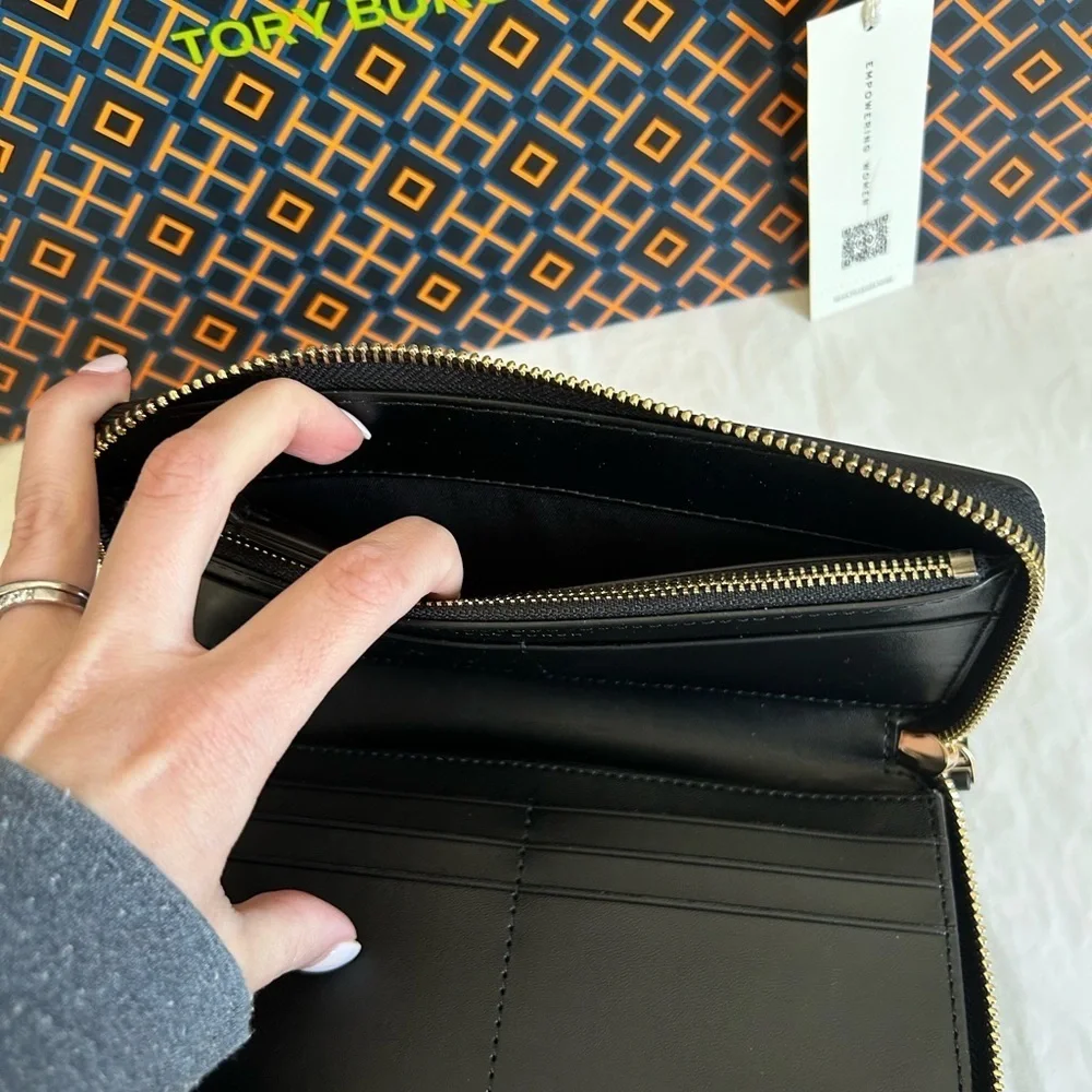 Tory Burch Emerson Canvas Zip Continental Wallet Multi Leather Black Tan Gold